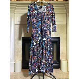 Agnes & Dora Women’s Blue Paisley Design 3/4 Sleeve V Neck Dress Size S